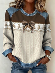 Women's textured bow denim collar sweatshirt gracestitchs