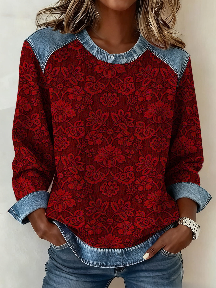 Women's floral denim collar sweatshirt gracestitchs