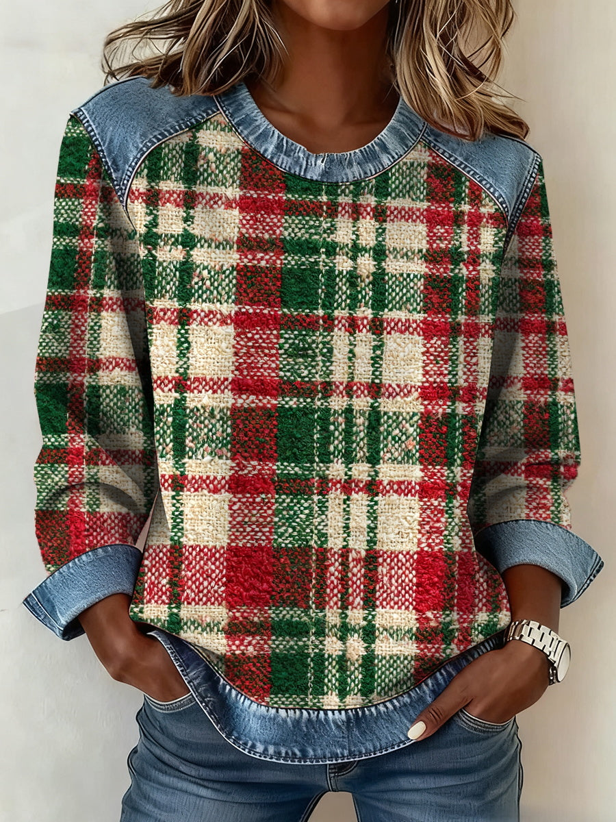 Women's Christmas Plaid Denim Collar Sweatshirt gracestitchs