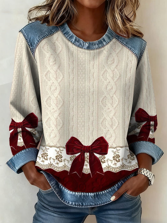 Women's textured bow denim collar sweatshirt gracestitchs