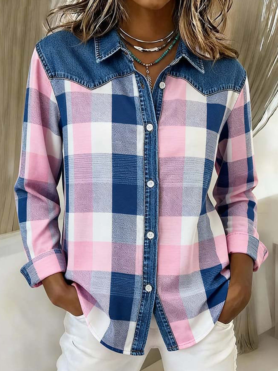 Women's Fashion Plaid Pattern Patchwork Art Shirt gracestitchs