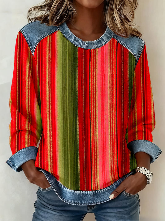 Women's Colorful Striped Pattern Patchwork Art Sweatshirt