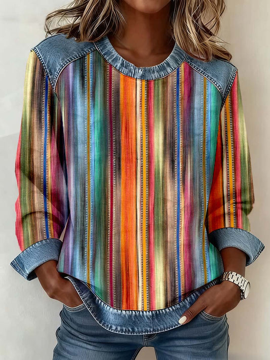 Women's Colorful Striped Pattern Patchwork Art Sweatshirt