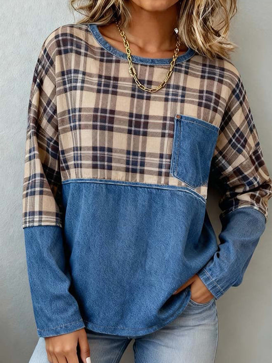 Women's Vintage Plaid Pattern Patchwork Art Top