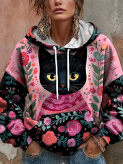 Women's Floral Cat Art Print Hoodie
