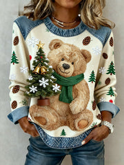 Women's Vintage Christmas Bear Tree Denim Patchwork Sweatshirt