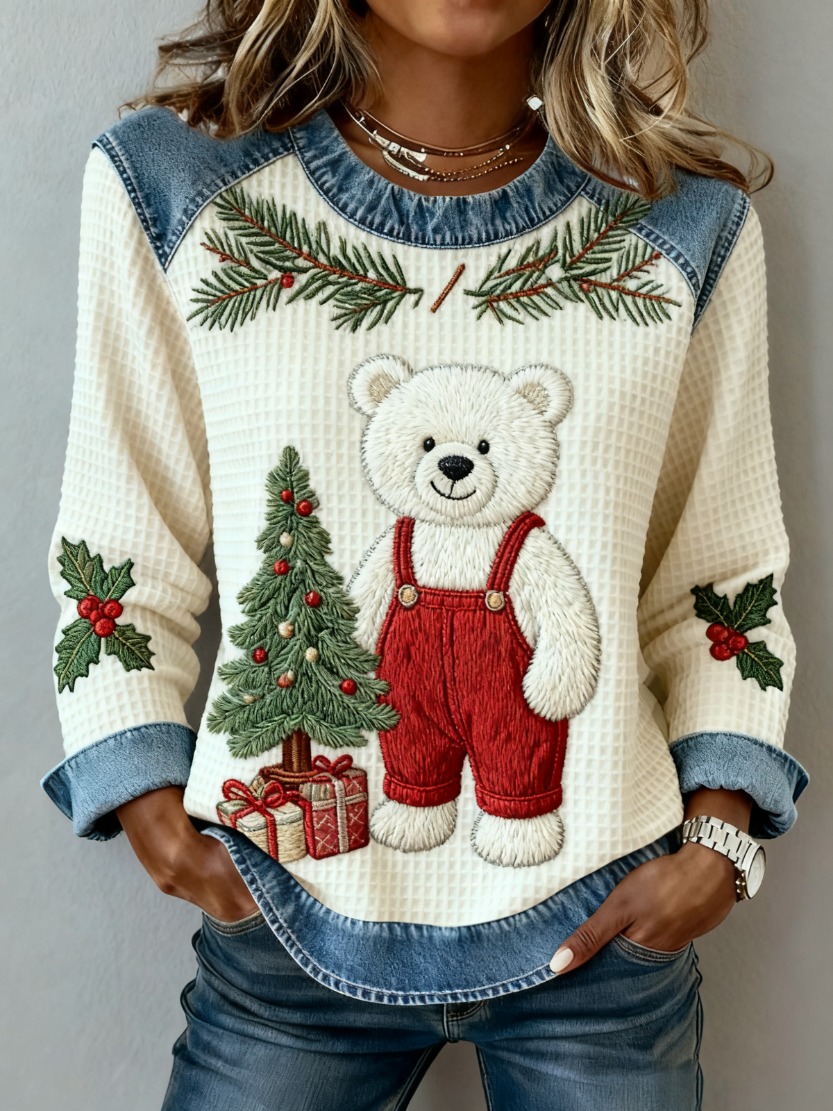 Women's Vintage Christmas Bear Tree Denim Patchwork Sweatshirt