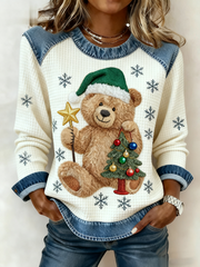 Women's Vintage Christmas Bear Tree Denim Patchwork Sweatshirt