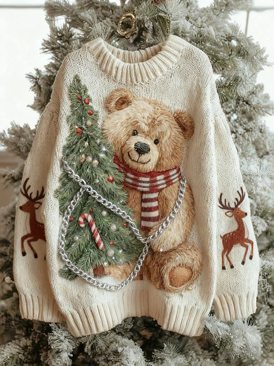 Women's Vintage Christmas Bear Tree Knitted Sweater