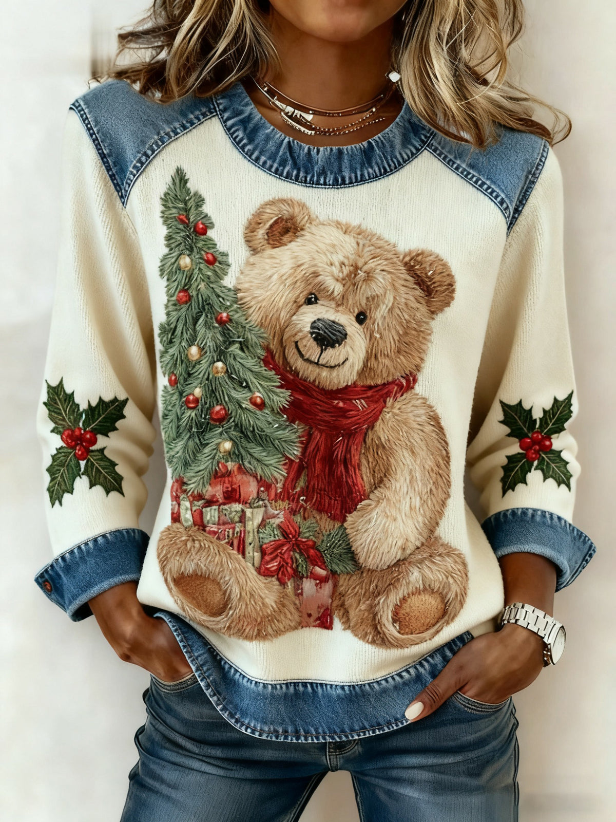 Women's Vintage Christmas Bear Tree Denim Patchwork Sweatshirt