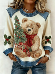 Women's Vintage Christmas Bear Tree Denim Patchwork Sweatshirt