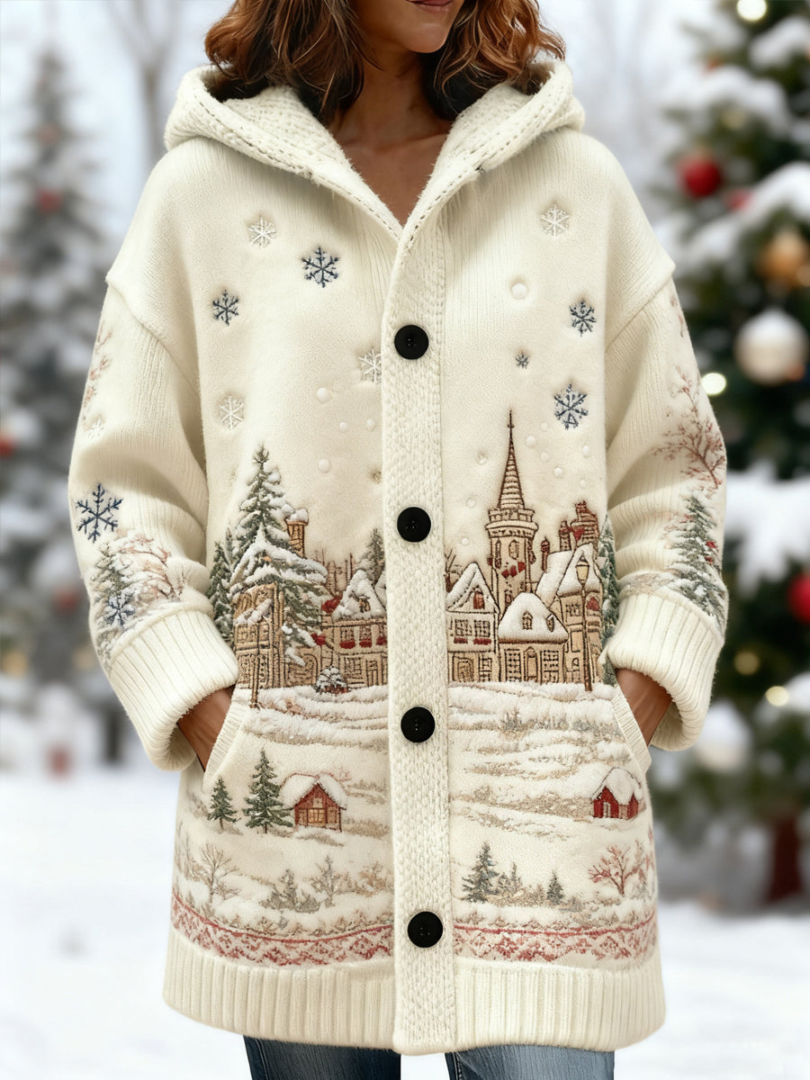 Women's Vintage Christmas Snow Scene Print Casual Mid-Length Hooded Cardigan