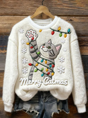 Women's Christmas Cute Cat Print Casual Plush Sweatshirt
