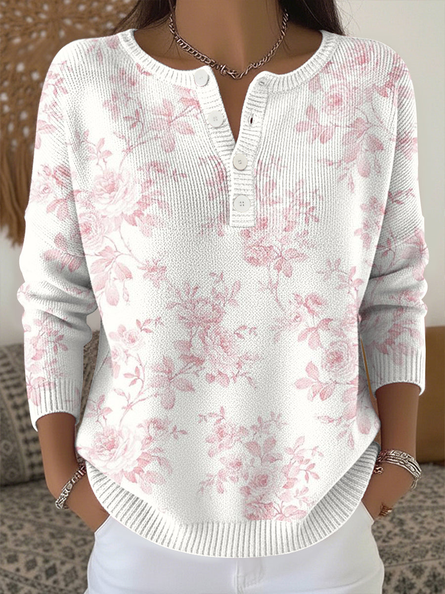 Women's Breast Cancer Pink Flowers Print Knit Top