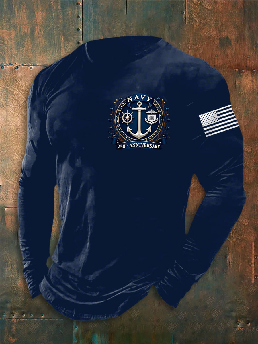 Men's Navy 250th Anniversary Printed long sleeve round neck T-shirt