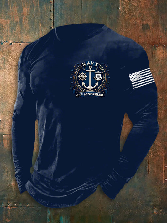 Men's Navy 250th Anniversary Printed long sleeve round neck T-shirt