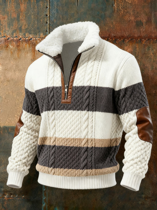 Men's Retro Color Block Knitted Pattern Print Casual Fur Collar Pullover