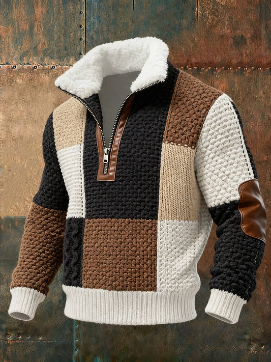 Men's Retro Color Block Knitted Pattern Print Casual Fur Collar Pullover