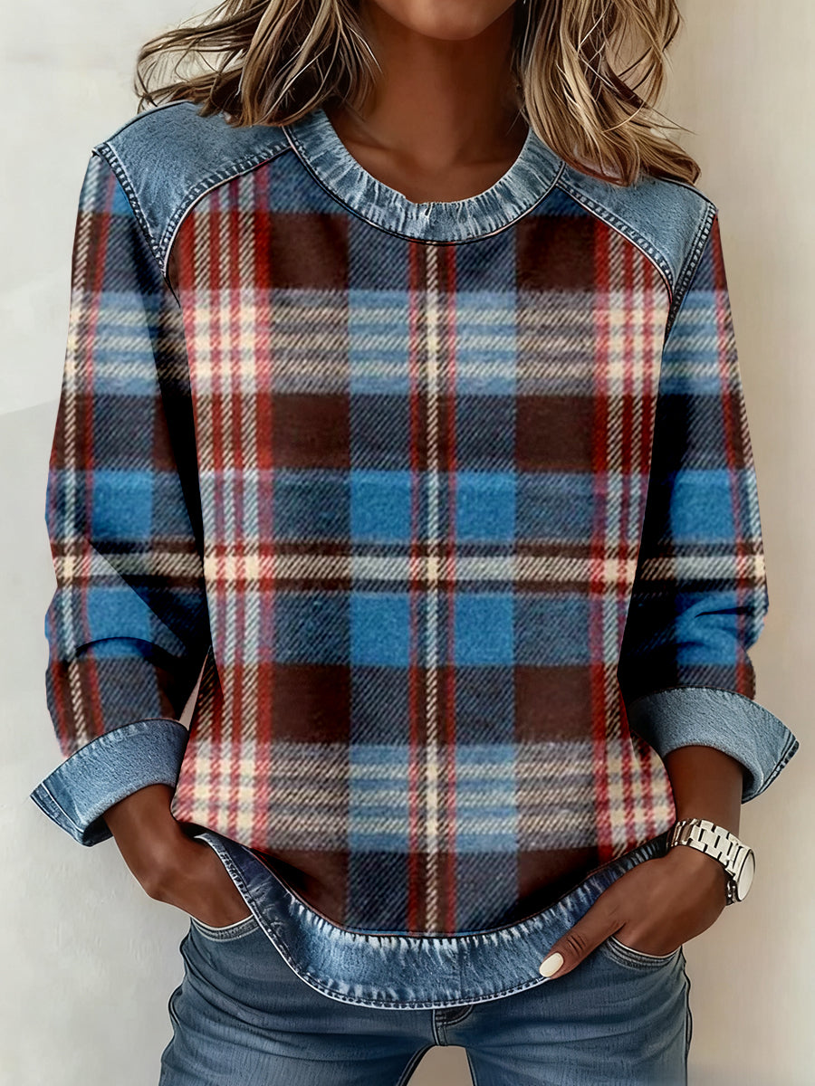 Women's Vintage Plaid Pattern Patchwork Art Sweatshirt