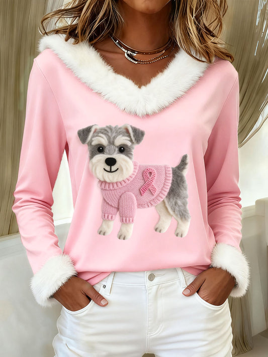 Women's Felt Art Schnauzer Dog Pattern Furry Sweatshirt