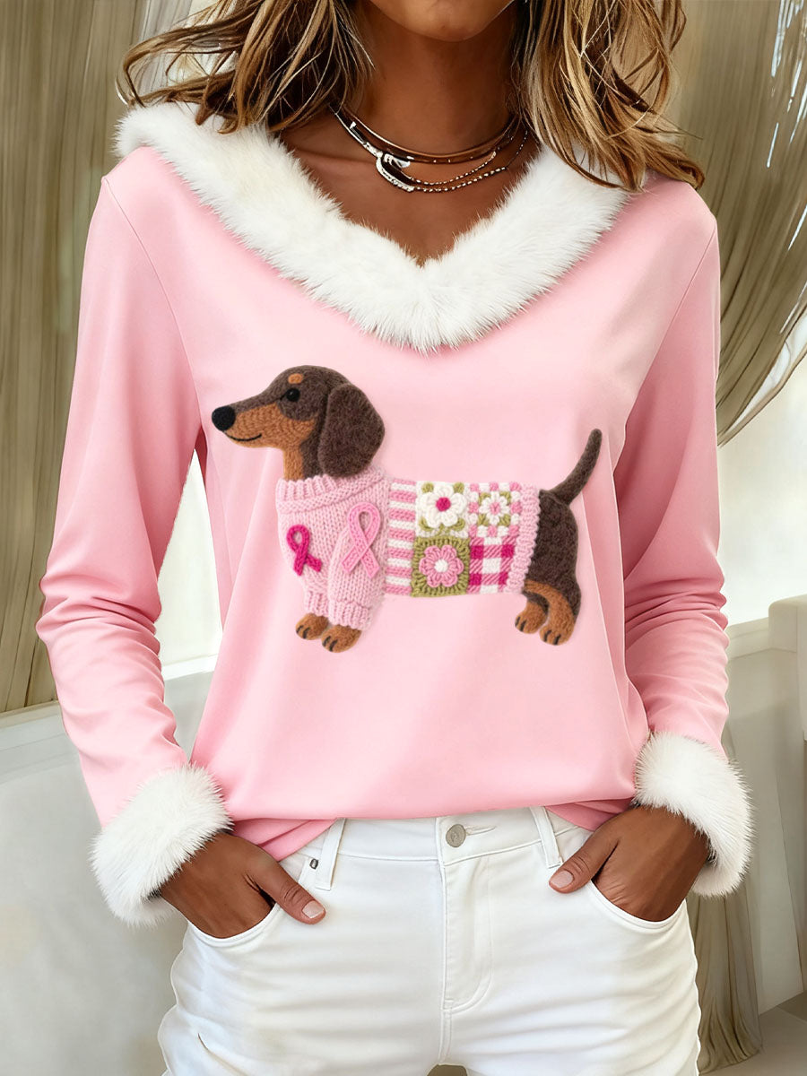 Women's Lovely Dachshund Pattern Felt Art Furry Sweatshirt