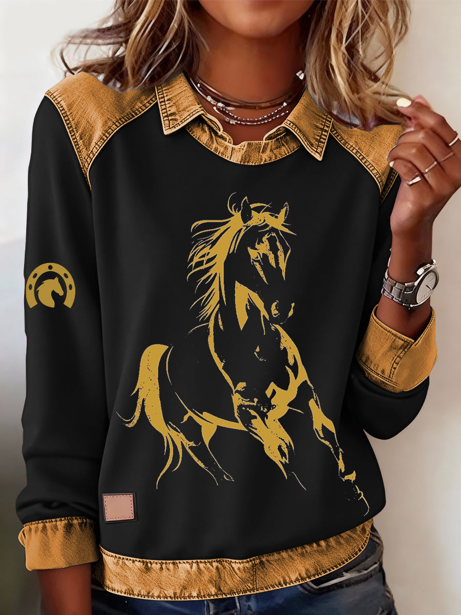 Women's Retro Horse Print Horse Lovers Casual Sweatshirt
