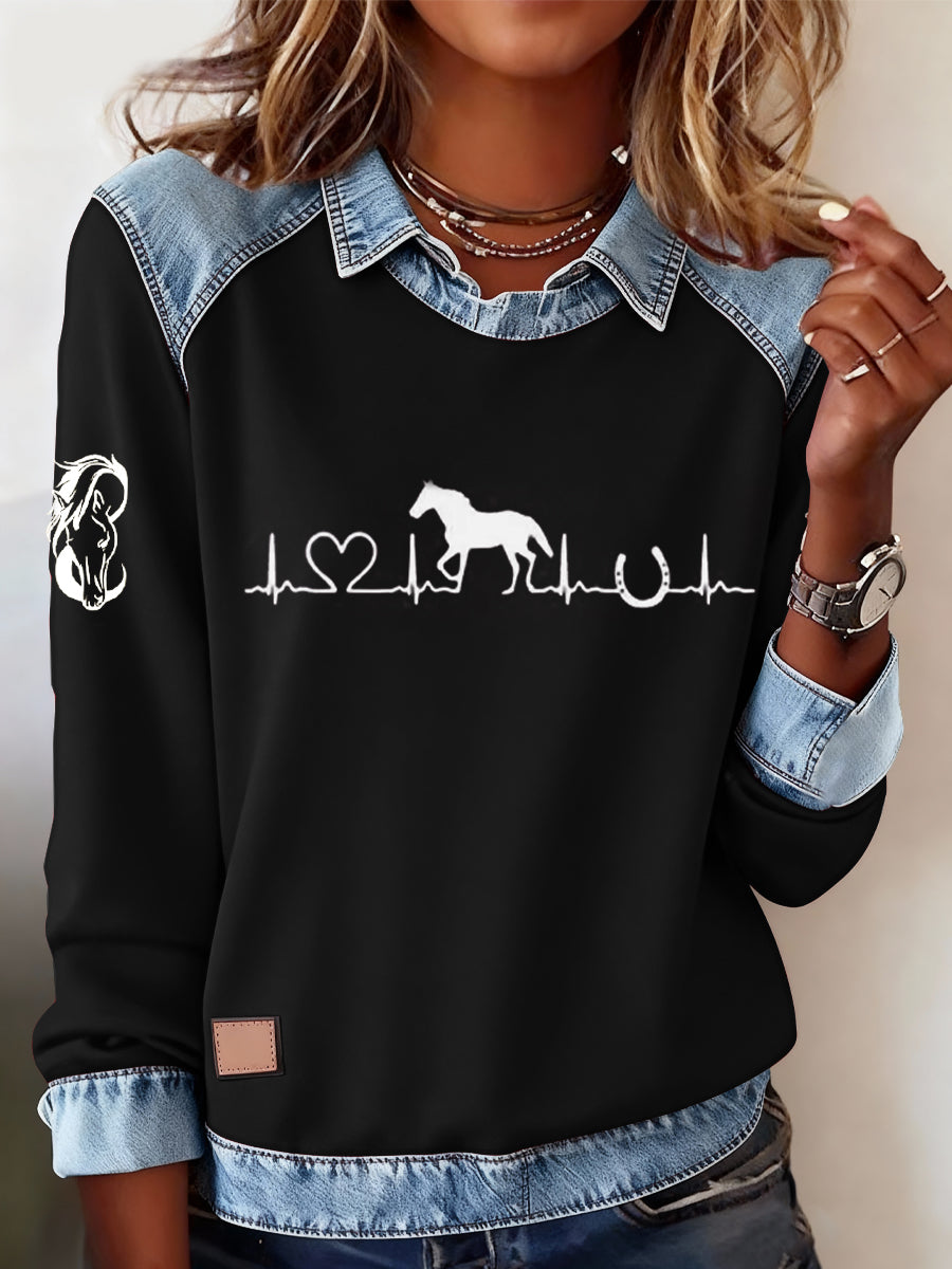 Women's Retro Horse Print Horse Lovers Casual Sweatshirt