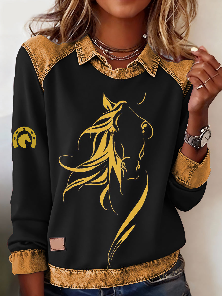 Women's Retro Horse Print Horse Lovers Casual Sweatshirt