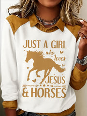 Women's Just A Girl Who Loves Jesus And Horses Print Casual Sweatshirt