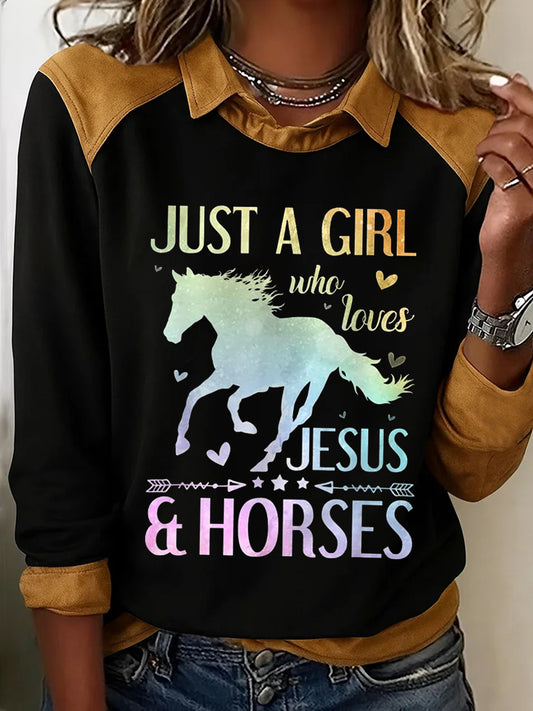 Women's Just A Girl Who Loves Jesus And Horses Print Casual Sweatshirt