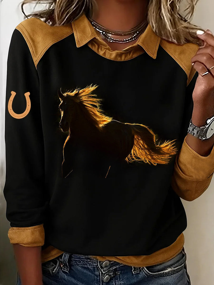 Women's Retro Horse Print Horse Lovers Casual Sweatshirt