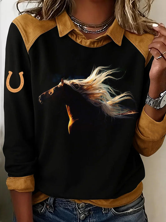 Women's Retro Horse Print Horse Lovers Casual Sweatshirt