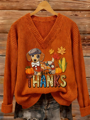 Women's Thanksgiving Give Thanks Sausage Dog Pumpkin Print Top