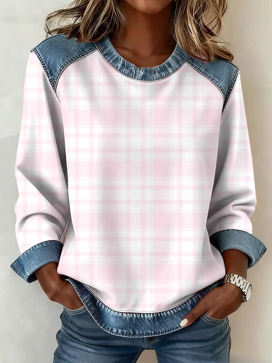Women's Breast Cancer Pink Inspired Plaid Pattern Patchwork Art Sweatshirt