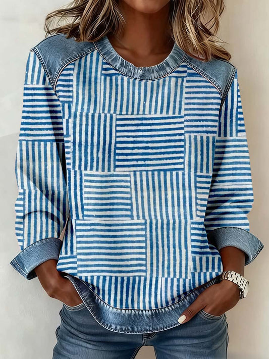 Women's Watercolor Line Print Patchwork Art Sweatshirt