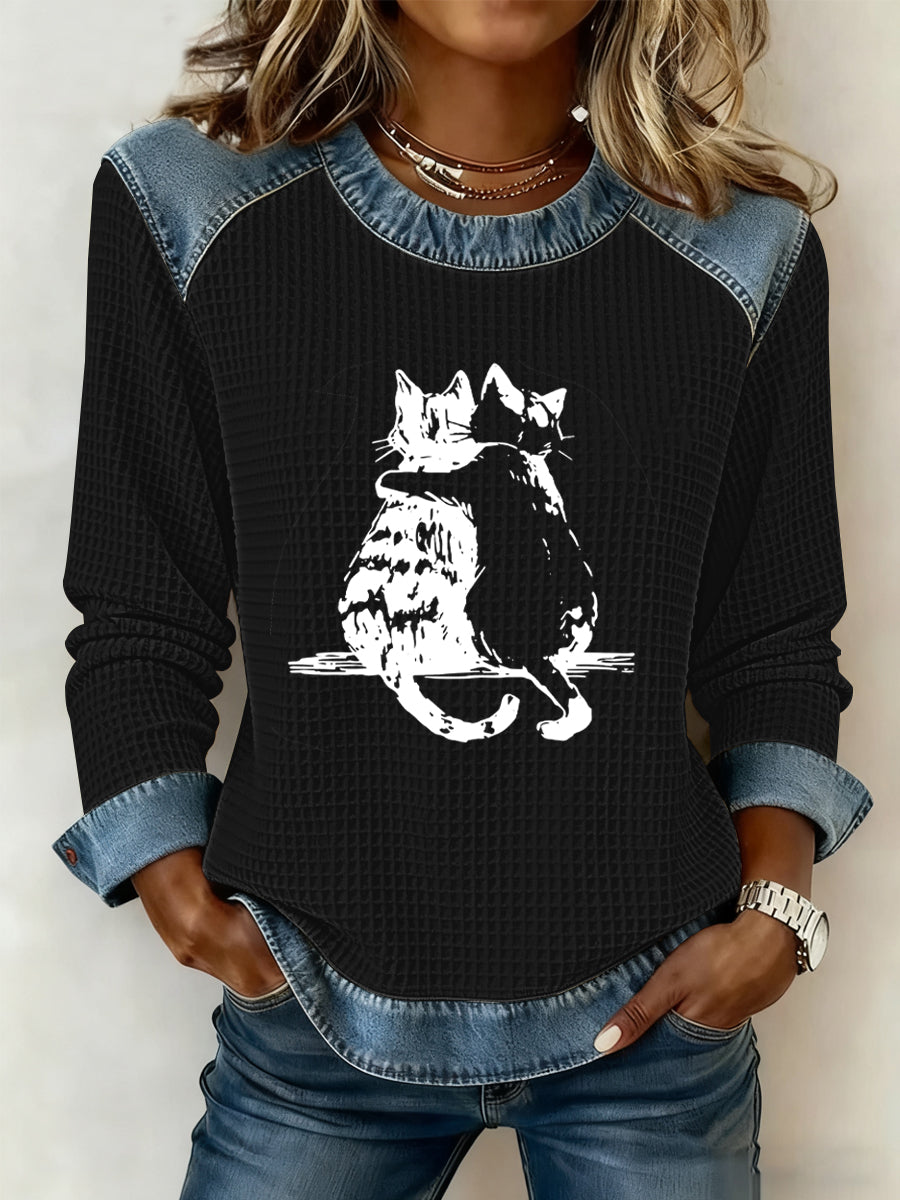 Women's Cute Cat Print Waffle Sweatshirt