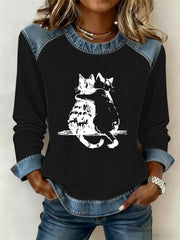 Women's Cute Cat Print Waffle Sweatshirt