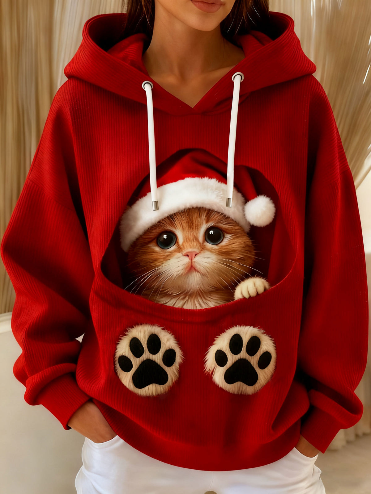 Women's Cute Christmas Cat Art Drawstring Hoodie