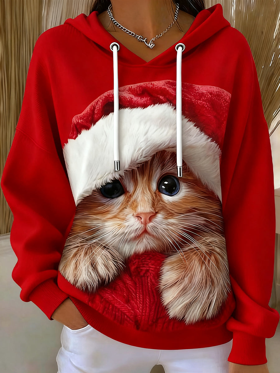 Women's Cute Christmas Cat  Art Drawstring Hoodie
