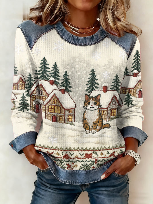 Women‘s Cute Winter Cat Print Cat Lovers Casual Sweatshirt