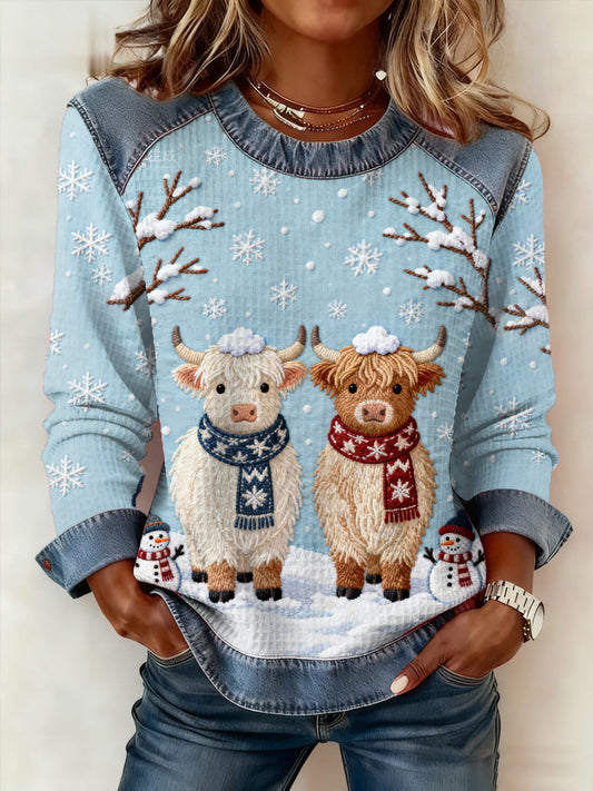 Women‘s Cute Winter Highland Cows Print Casual Sweatshirt