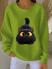Women's Funny Black Cat Ribbed Round-Neck Sweatshirt