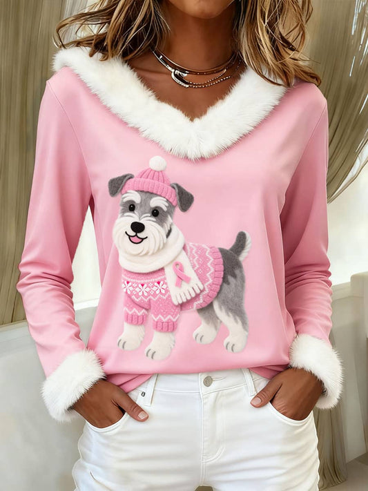 Women's Felt Art Schnauzer Dog Pattern Furry Top