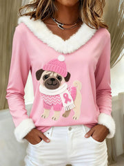 Women's Felt Art Pug Dog Pattern Furry Top