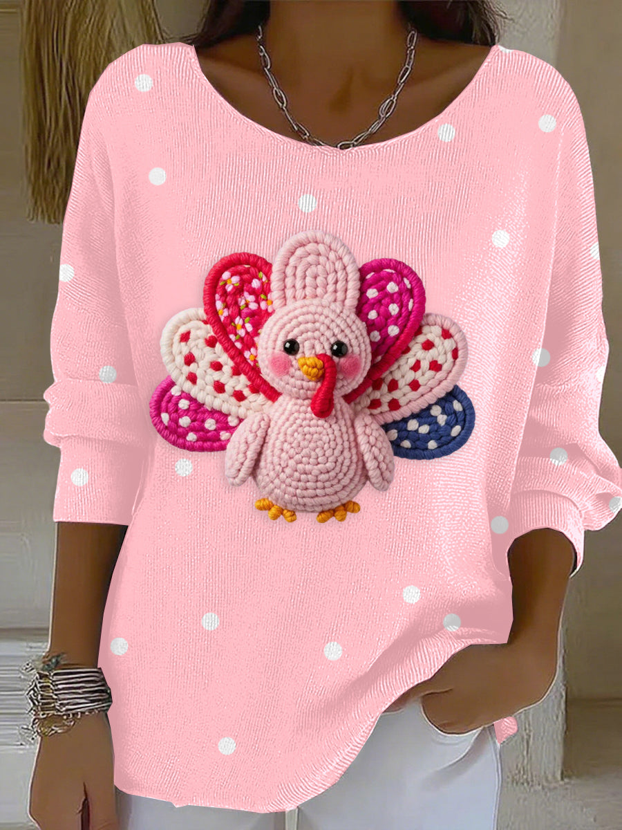 Women's Thanksgiving Printed round neck ribbed top