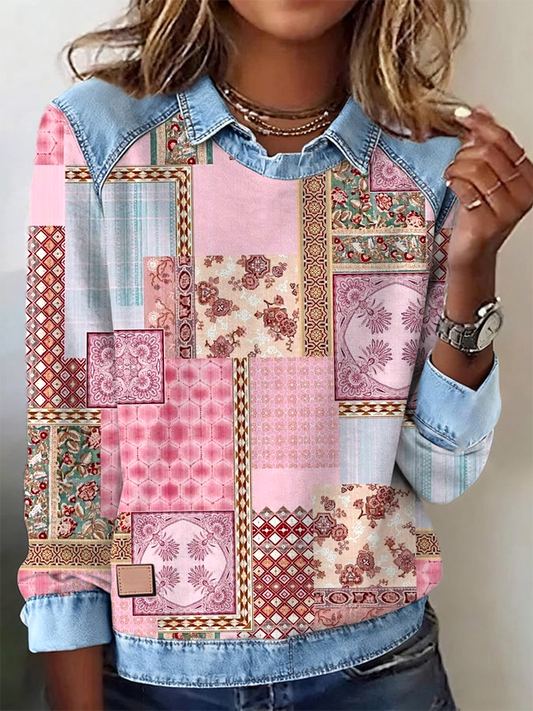 Women's Pink plaid print Denim patchwork Sweatshirt