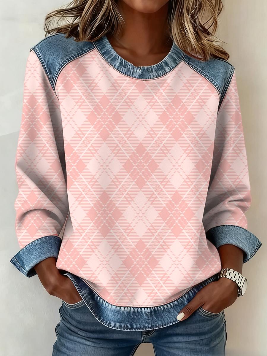 Women's Pink plaid print Denim patchwork Sweatshirt