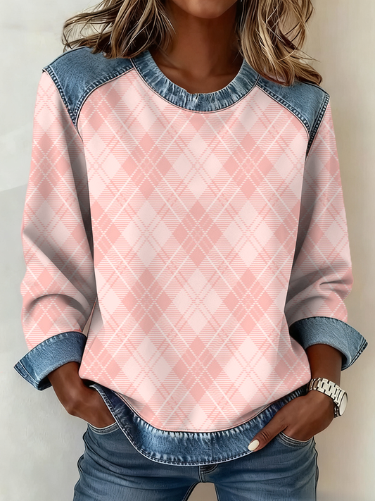 Women's Pink plaid print Denim patchwork Sweatshirt