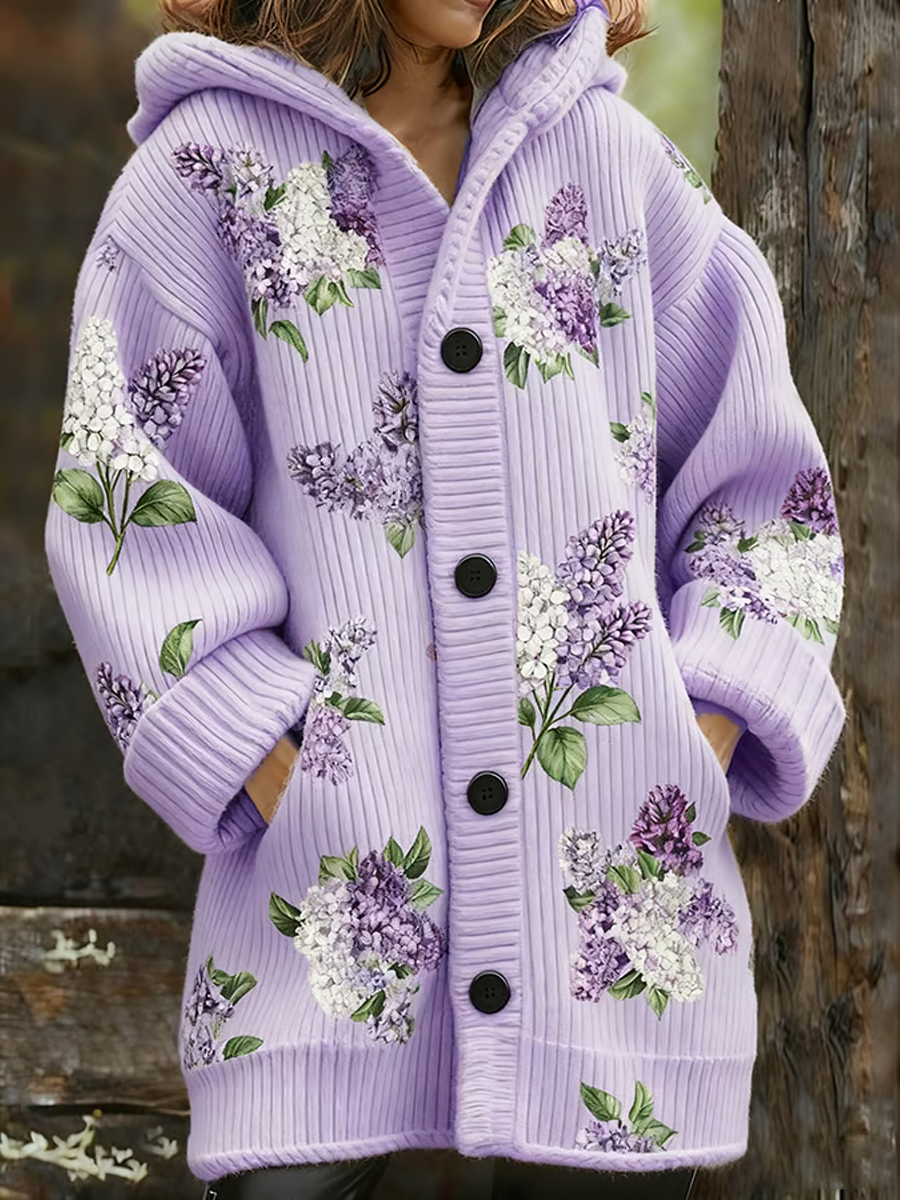 Women's Casual Purple Floral Thickened Cardigan