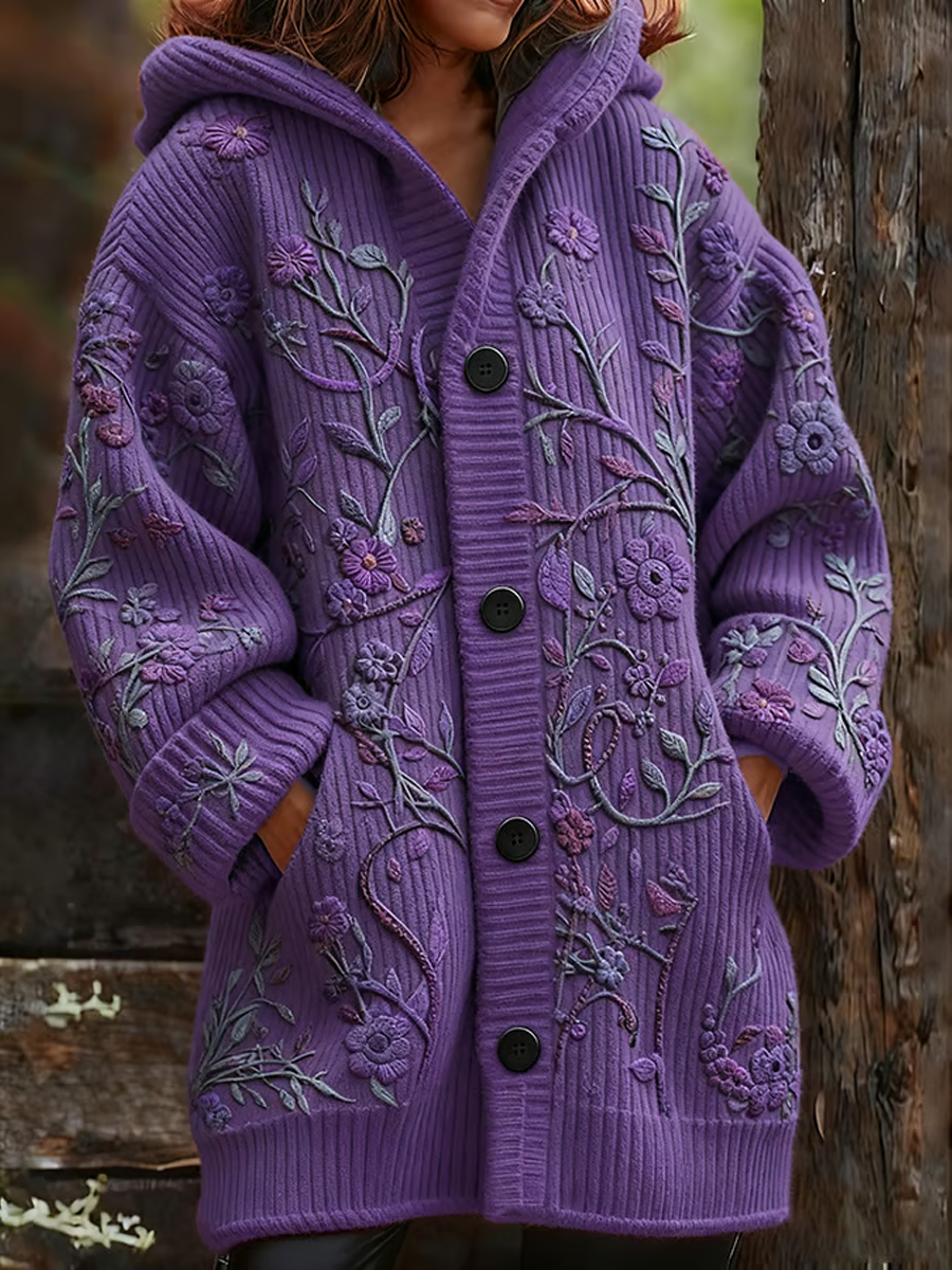 Women's Casual Purple Floral Thickened Cardigan